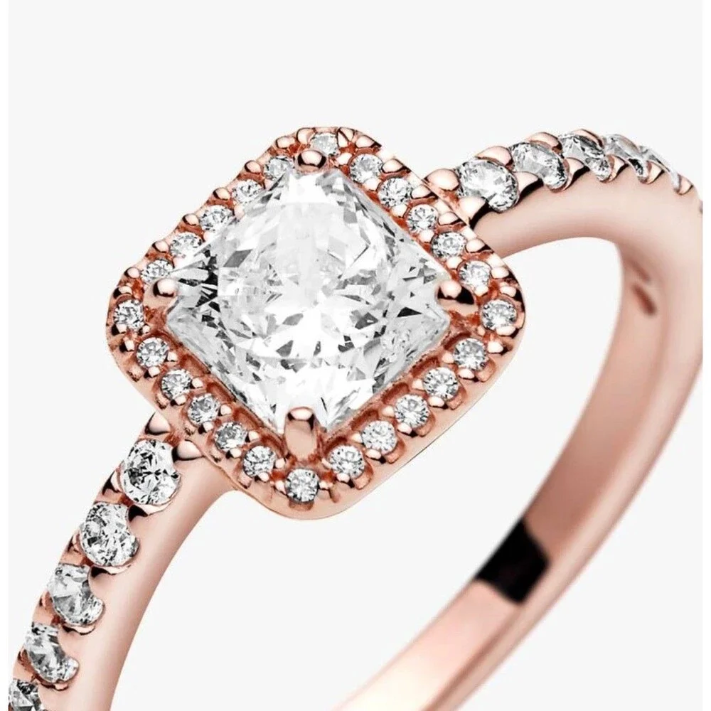 Pandora Square Sparkle Halo Clear CZ Rose Gold Plated Ring Size 7 54